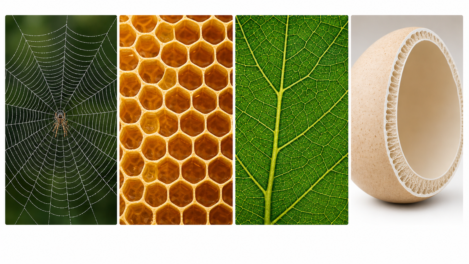 Four examples of efficient natural structures: a spider web, honeycomb, leaf veins and an eggshell cross-section