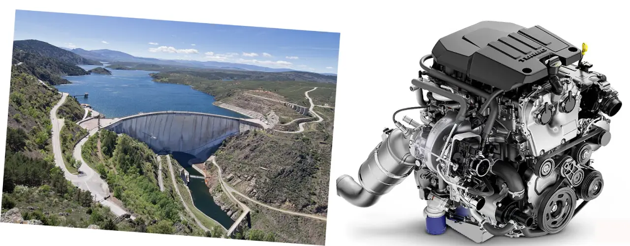 A concrete dam and a dense metal engine block as examples of solid structures