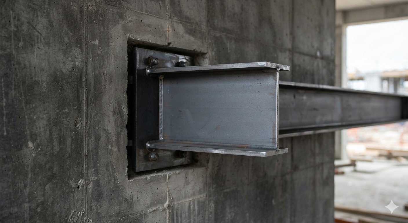 Photograph D: a steel I-beam rigidly connected to a concrete wall