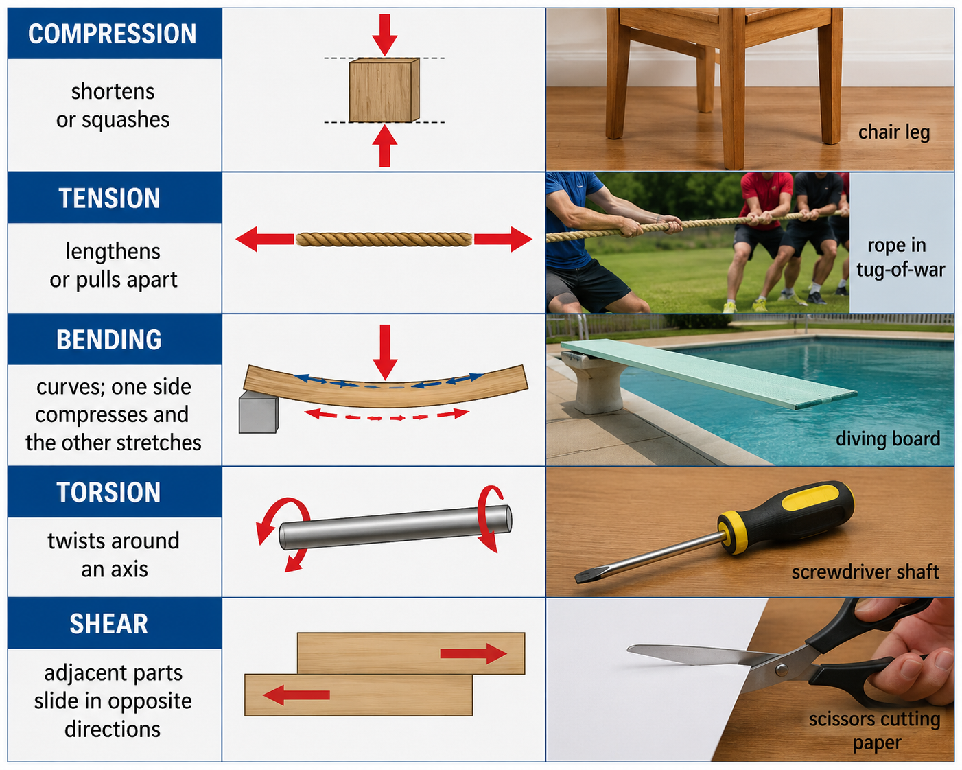 Visual comparison of compression, tension, bending, torsion and shear, with force arrows and everyday examples