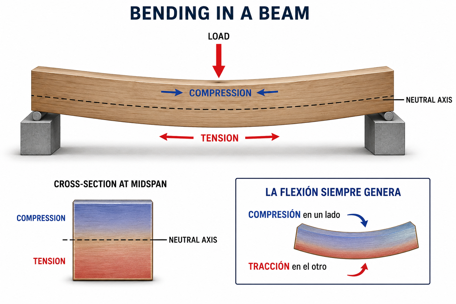 A simply supported beam bending under a central load, showing compression above the neutral axis and tension below it