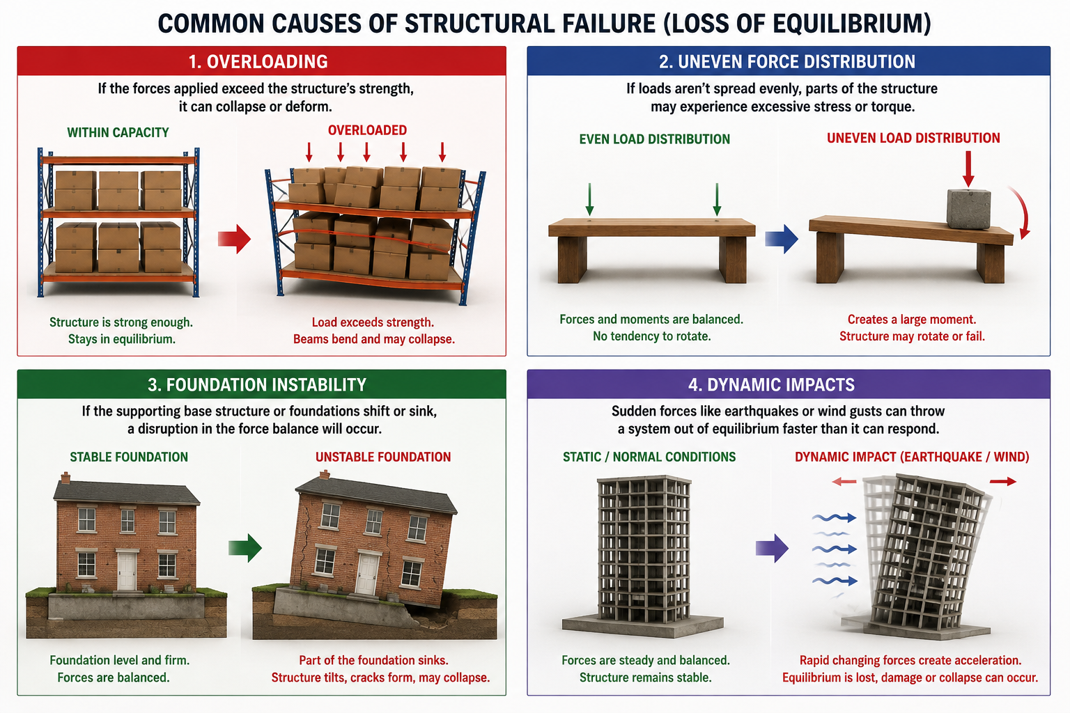 Four visual comparisons showing structural failure caused by overloading, uneven force distribution, foundation instability and dynamic impacts